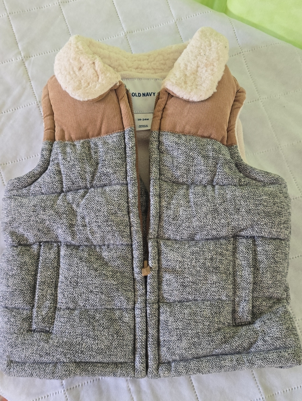 Old Navy Quilted Sherpa-Trim Vest in Gray and Tan